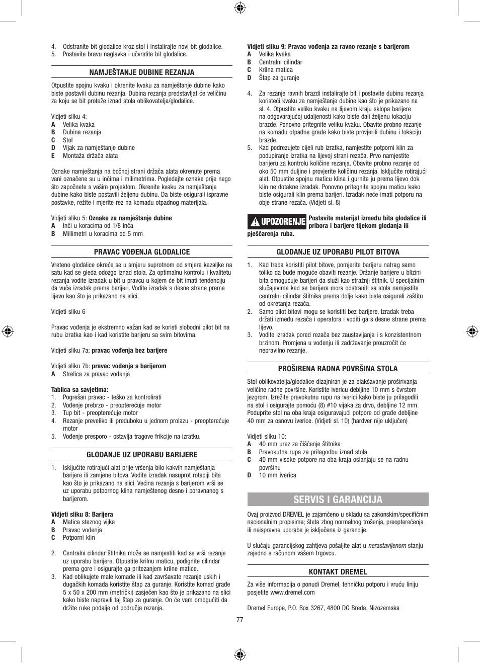 Servis i garancija, Upozorenje | Dremel Столик для фрезерования User Manual | Page 77 / 84