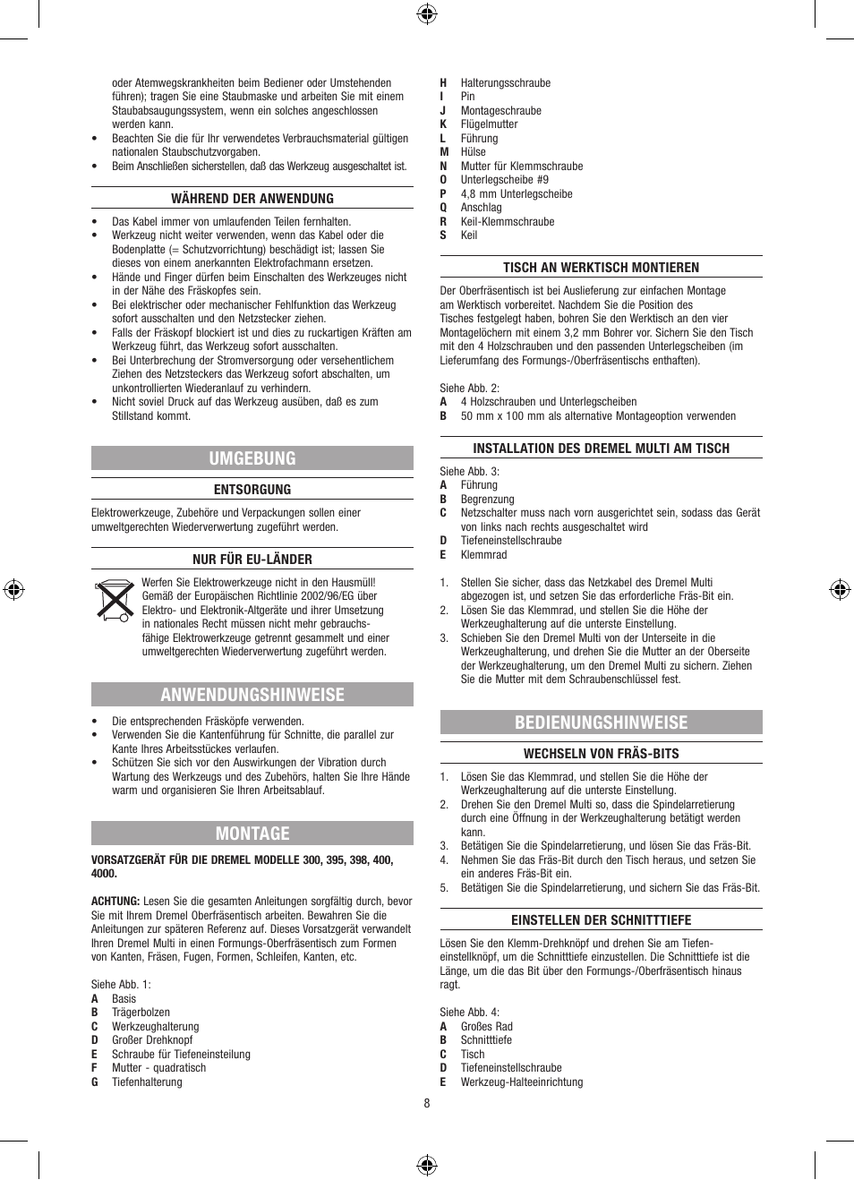 Umgebung, Anwendungshinweise, Montage | Bedienungshinweise | Dremel Столик для фрезерования User Manual | Page 8 / 84