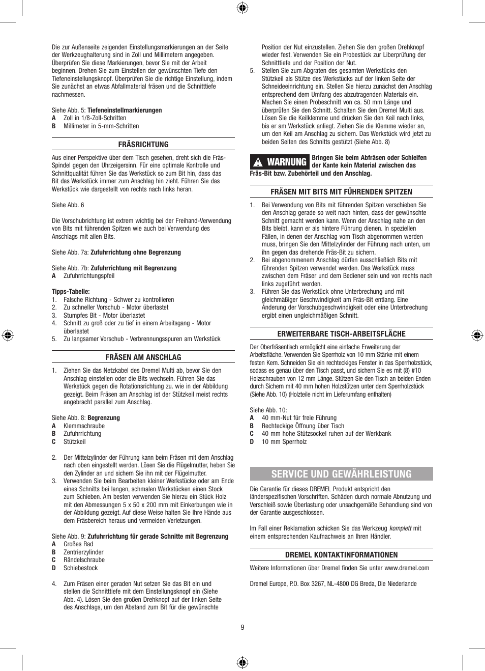 Warnung, Service und gewährleistung | Dremel Столик для фрезерования User Manual | Page 9 / 84