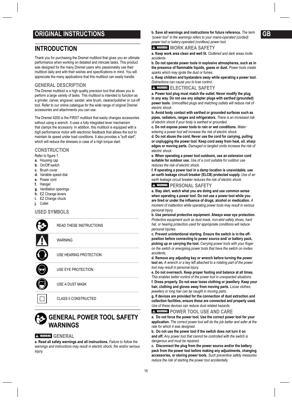 Original instructions introduction, General power tool safety warnings | Dremel 4200 User Manual | Page 15 / 112