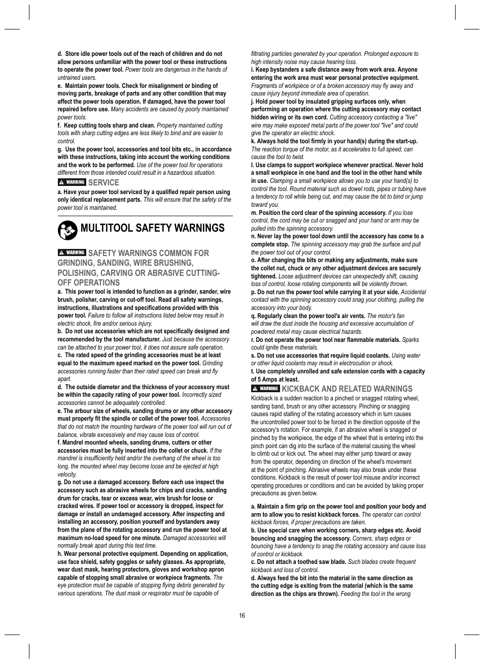 Multitool safety warnings, Service, Kickback and related warnings | Dremel 4200 User Manual | Page 16 / 112