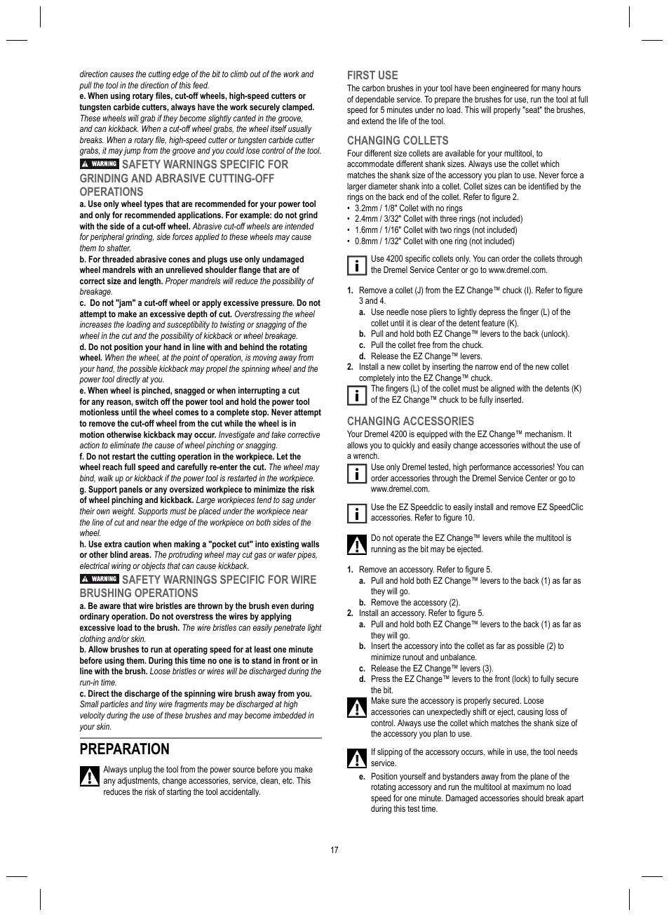 Preparation, First use, Changing collets | Changing accessories | Dremel 4200 User Manual | Page 17 / 112