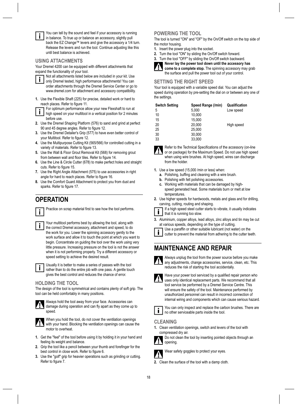 Operation, Maintenance and repair, Using attachments | Holding the tool, Powering the tool, Setting the right speed, Cleaning | Dremel 4200 User Manual | Page 18 / 112