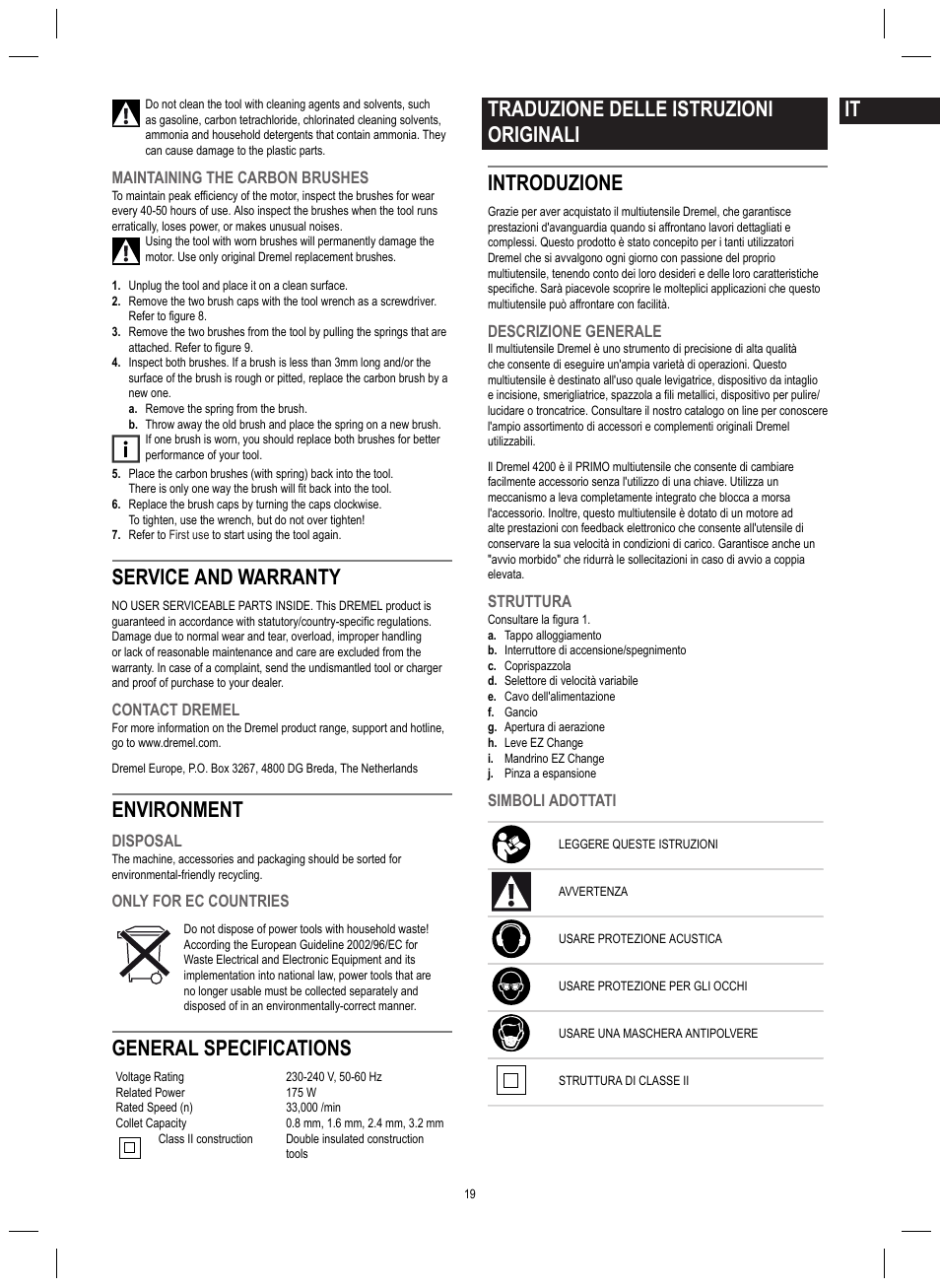 Service and warranty, Environment, General specifications | Traduzione delle istruzioni originali introduzione | Dremel 4200 User Manual | Page 19 / 112