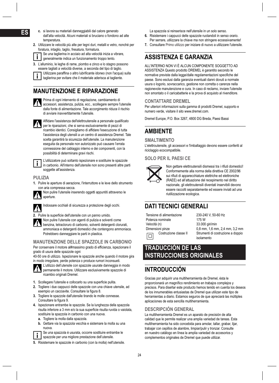 Manutenzione e riparazione, Assistenza e garanzia, Ambiente | Dati tecnici generali | Dremel 4200 User Manual | Page 24 / 112