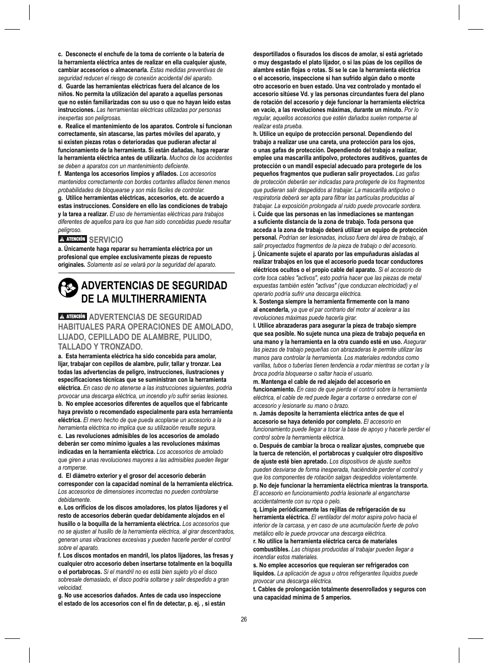 Advertencias de seguridad de la multiherramienta, Servicio | Dremel 4200 User Manual | Page 26 / 112