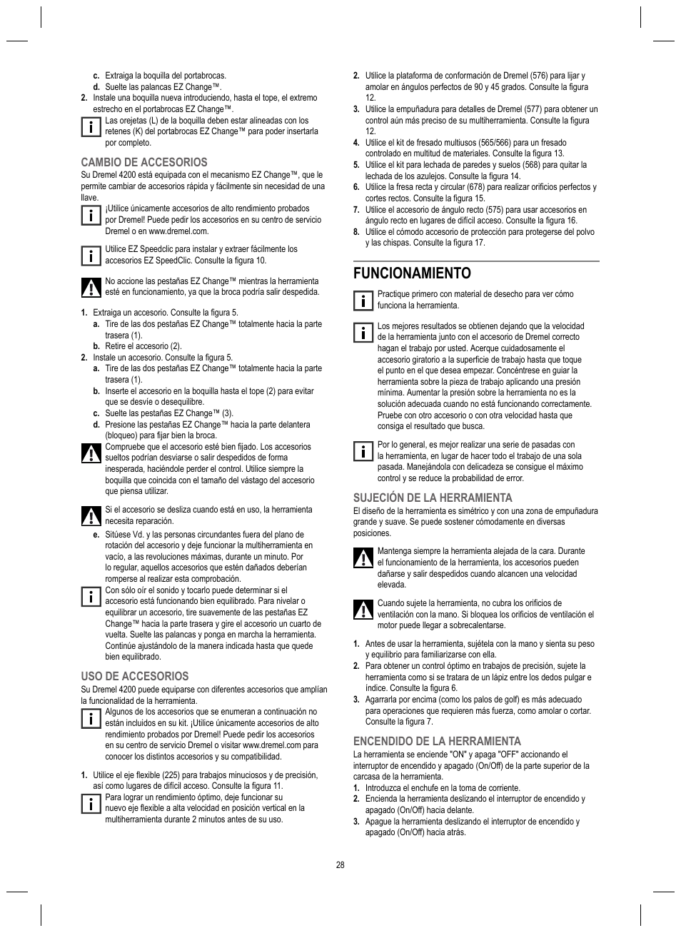 Funcionamiento, Cambio de accesorios, Uso de accesorios | Sujeción de la herramienta, Encendido de la herramienta | Dremel 4200 User Manual | Page 28 / 112