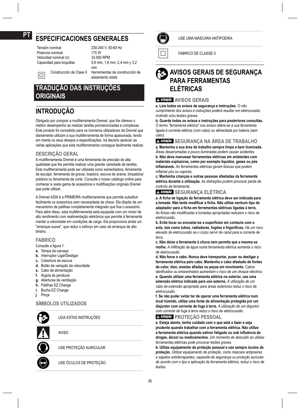 Especificaciones generales, Tradução das instruções originais introdução | Dremel 4200 User Manual | Page 30 / 112