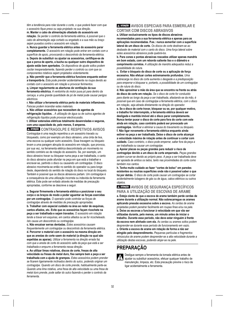 Preparação, Contragolpe e respetivos avisos | Dremel 4200 User Manual | Page 32 / 112