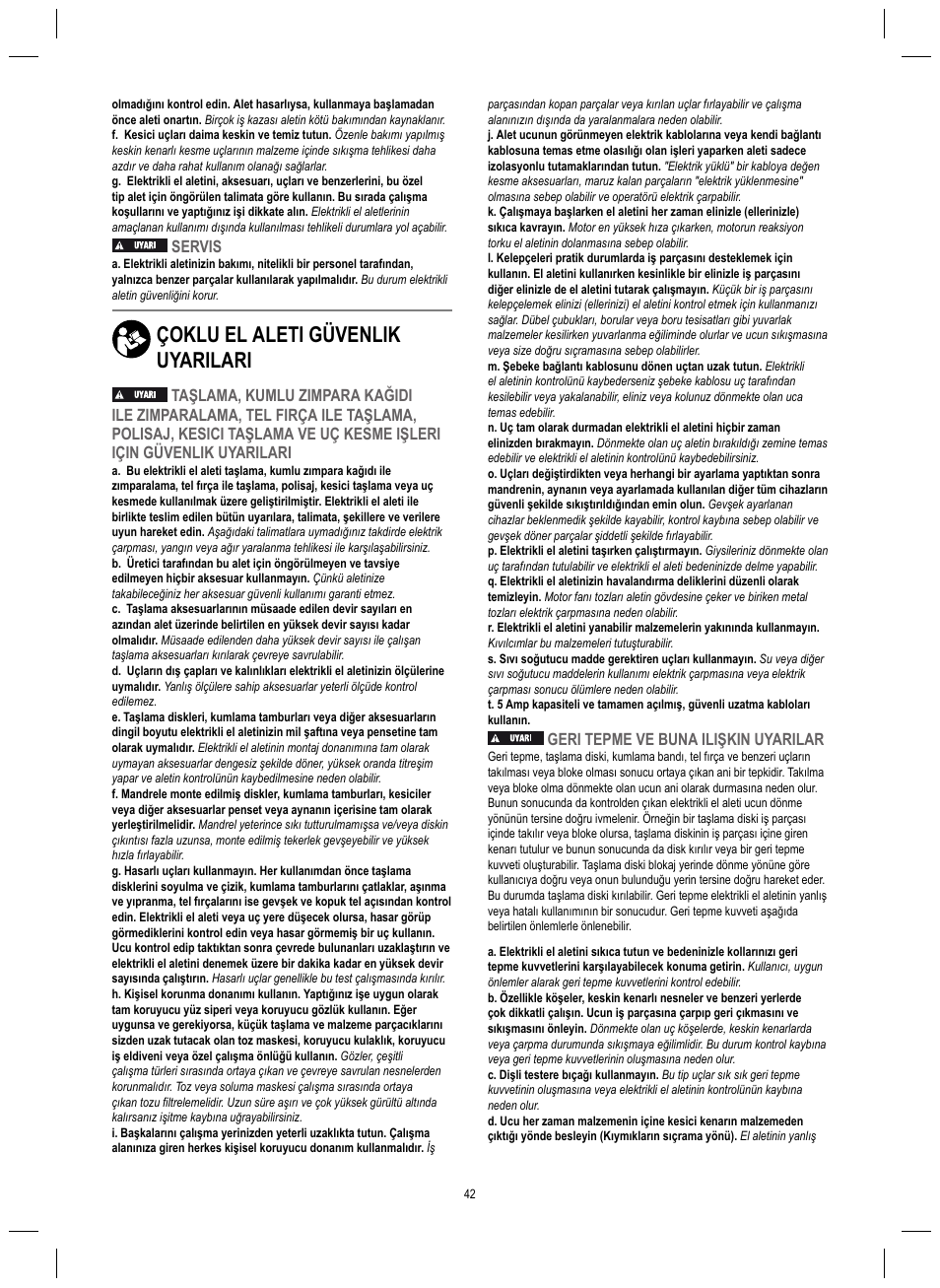 Çoklu el aleti güvenlik uyarilari, Servis, Geri tepme ve buna ilişkin uyarilar | Dremel 4200 User Manual | Page 42 / 112