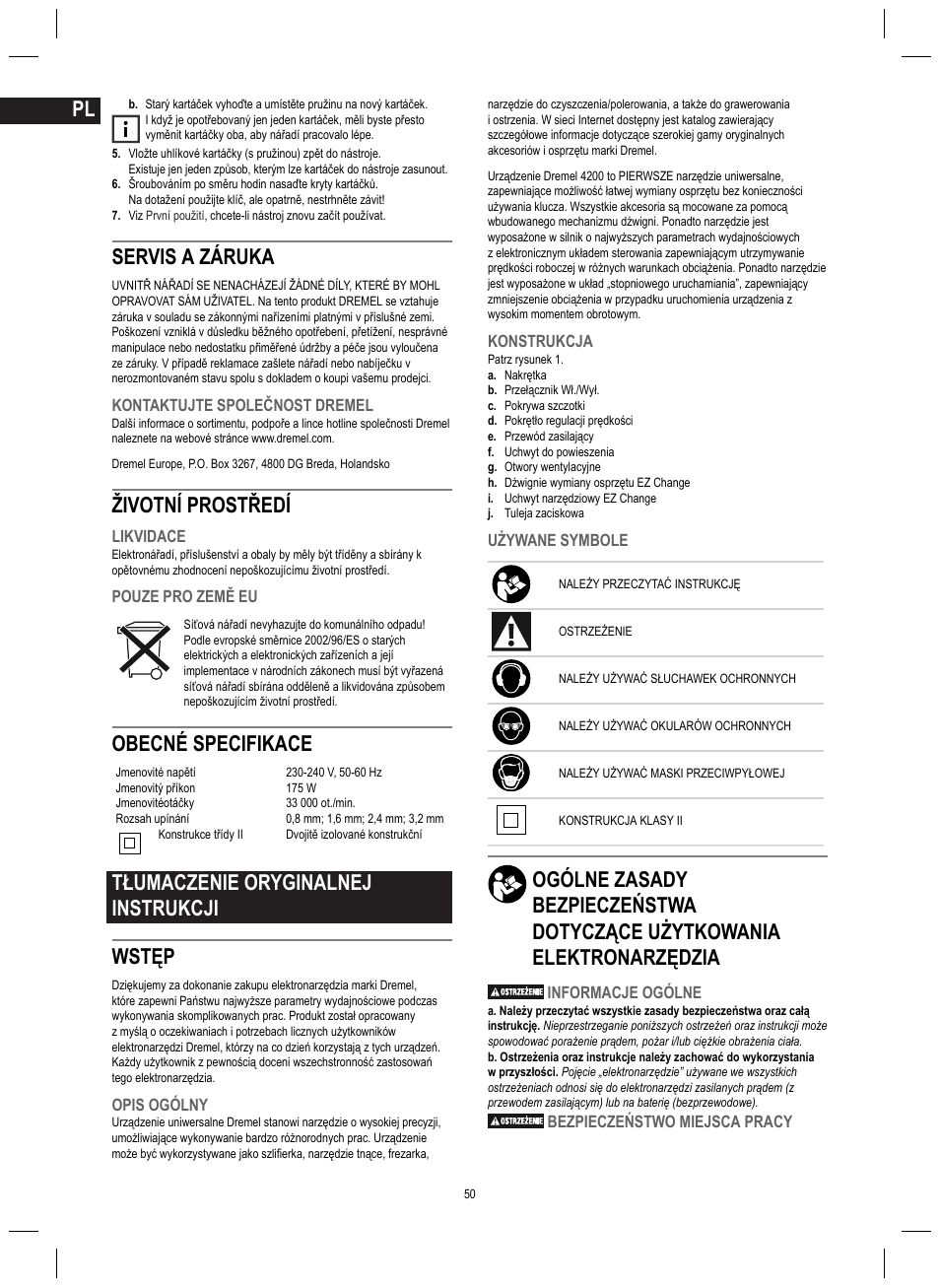 Servis a záruka, Životní prostředí, Obecné specifikace | Tłumaczenie oryginalnej instrukcji wstęp | Dremel 4200 User Manual | Page 50 / 112