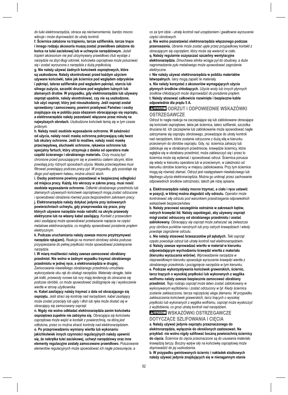Odrzut i odpowiednie wskazówki ostrzegawcze | Dremel 4200 User Manual | Page 52 / 112