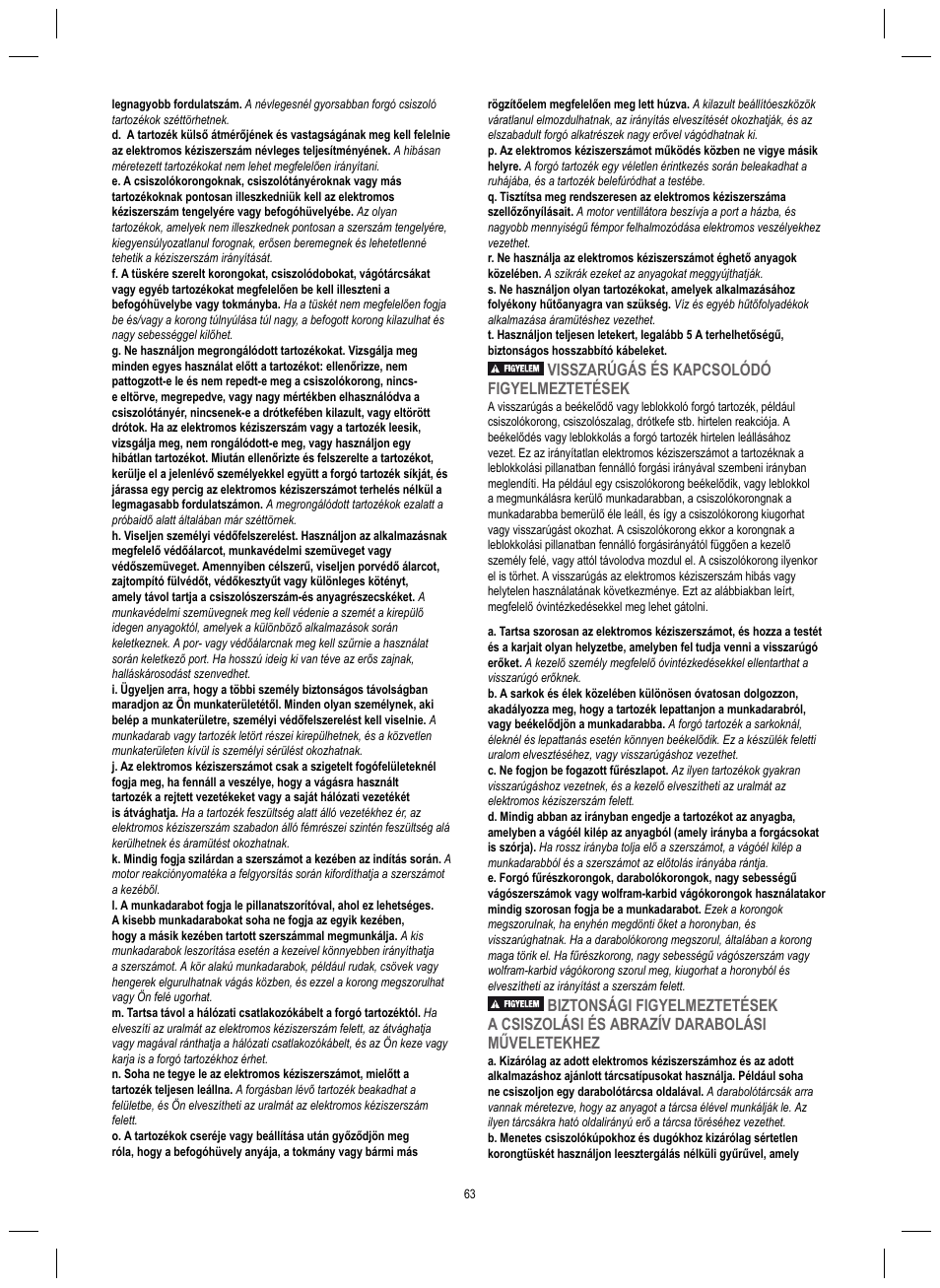 Visszarúgás és kapcsolódó figyelmeztetések | Dremel 4200 User Manual | Page 63 / 112