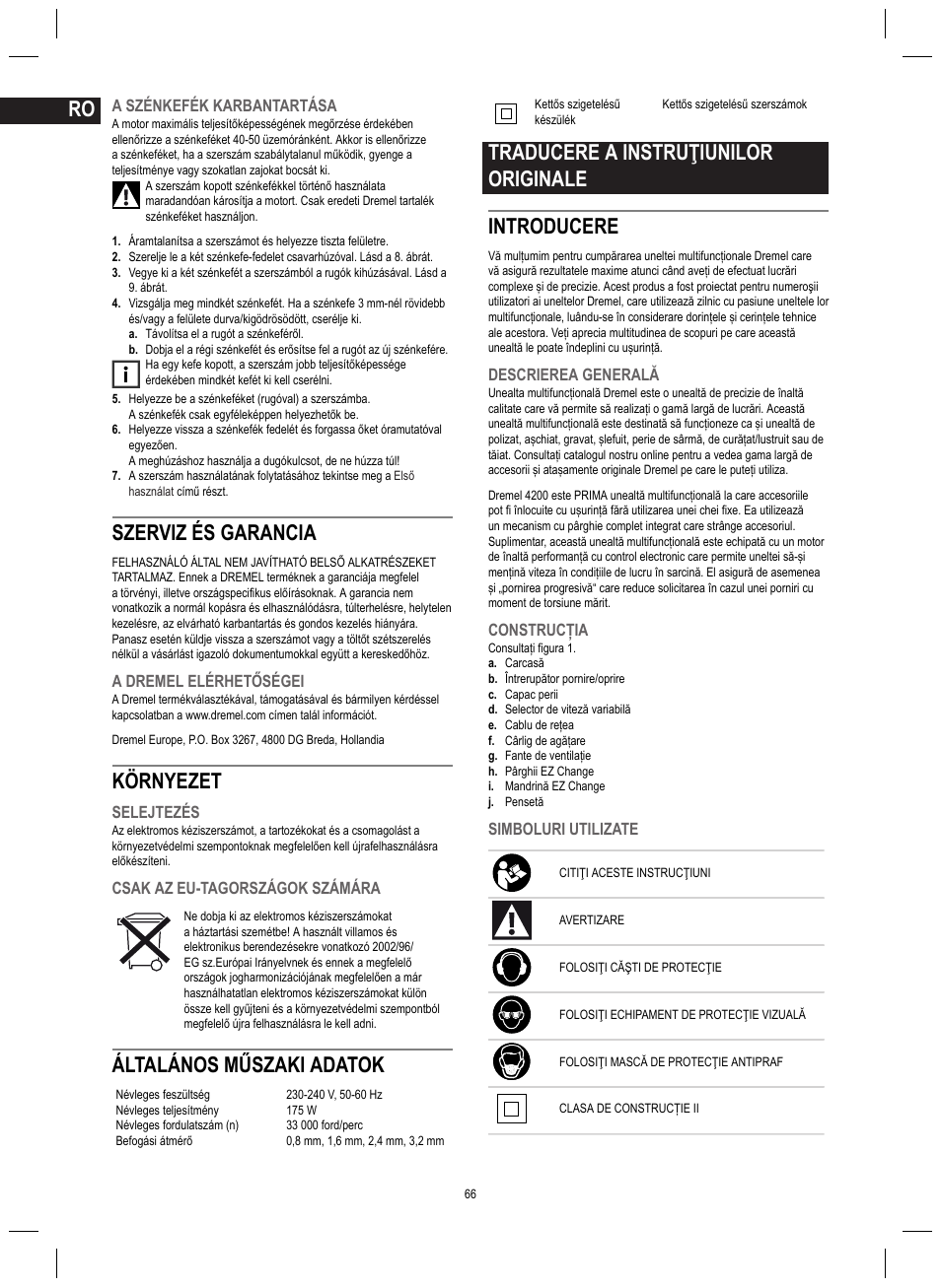 Szerviz és garancia, Környezet, Általános műszaki adatok | Traducere a instruţiunilor originale introducere | Dremel 4200 User Manual | Page 66 / 112