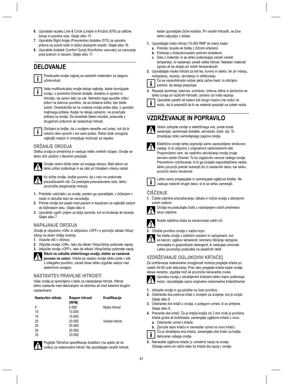 Delovanje, Vzdrževanje in popravilo, Držanje orodja | Napajanje orodja, Nastavitev pravilne hitrosti, Čiščenje, Vzdrževanje ogljikovih krtače | Dremel 4200 User Manual | Page 81 / 112