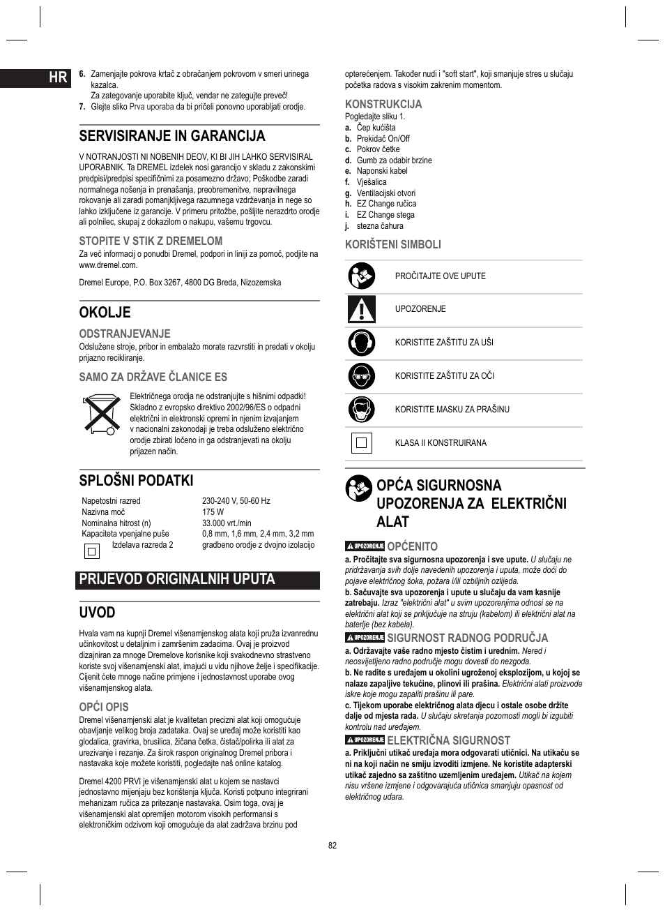 Servisiranje in garancija, Okolje, Splošni podatki | Prijevod originalnih uputa uvod, Opća sigurnosna upozorenja za električni alat | Dremel 4200 User Manual | Page 82 / 112