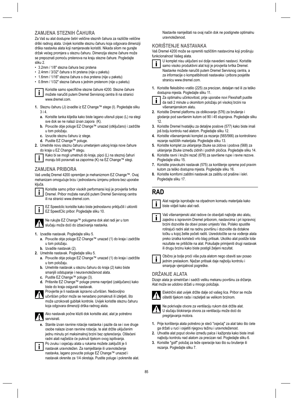 Zamjena steznih čahura, Zamjena pribora, Korištenje nastavaka | Držanje alata | Dremel 4200 User Manual | Page 85 / 112