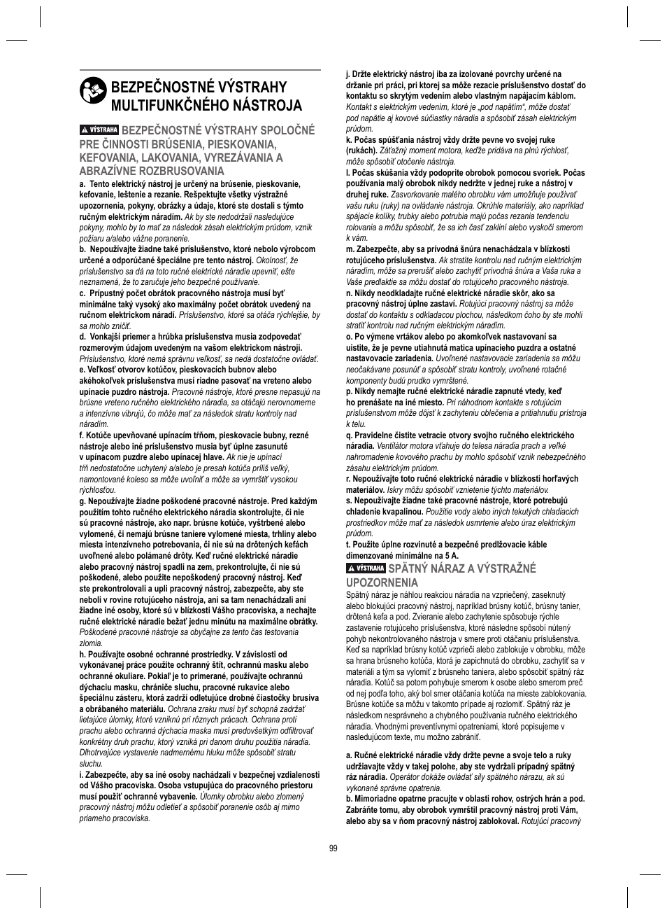 Bezpečnostné výstrahy multifunkčného nástroja, Spätný náraz a výstražné upozornenia | Dremel 4200 User Manual | Page 99 / 112