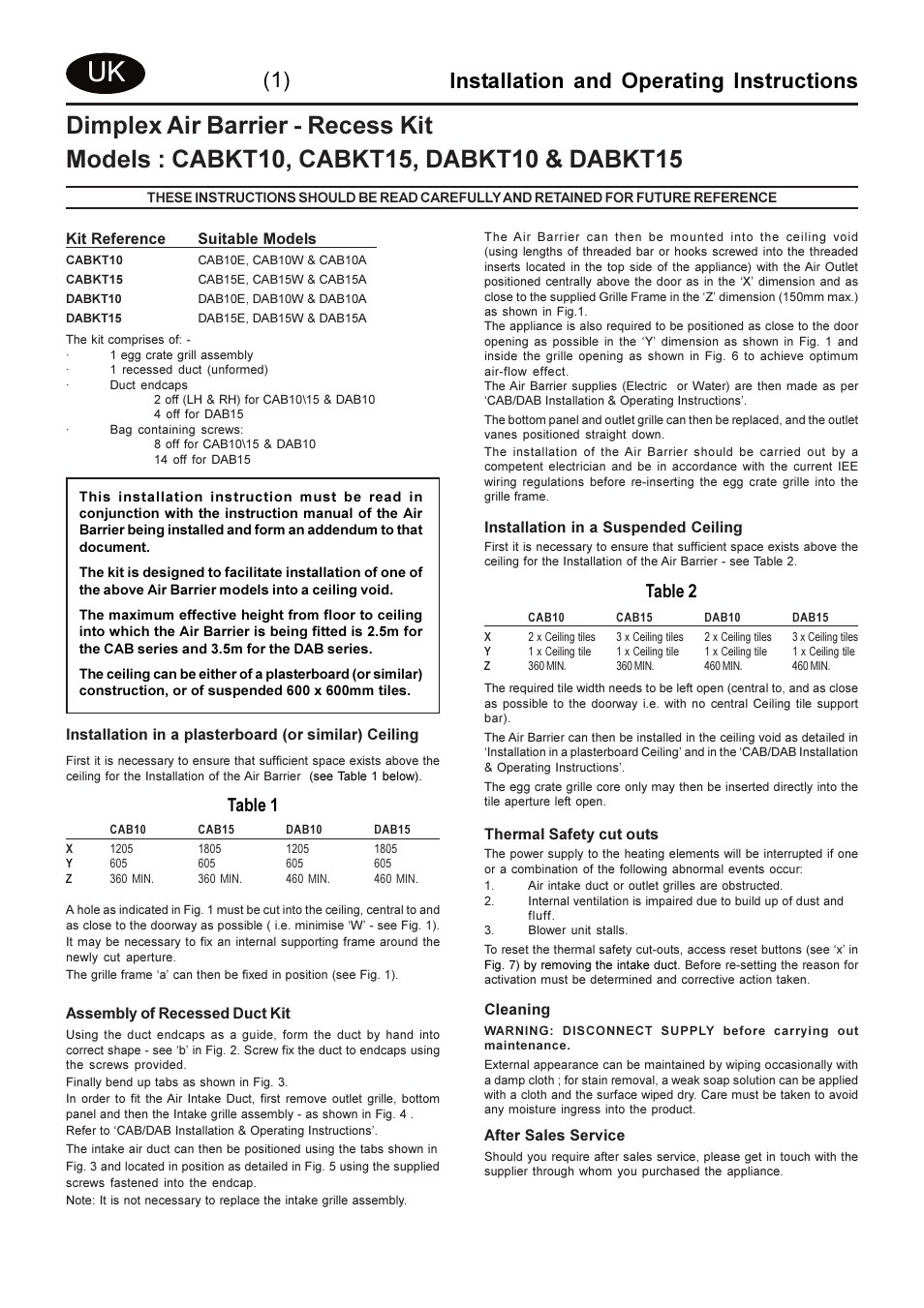 Installation and operating instructions, Table 1, Table 2 | Dimplex DABKT15 User Manual | Page 5 / 12