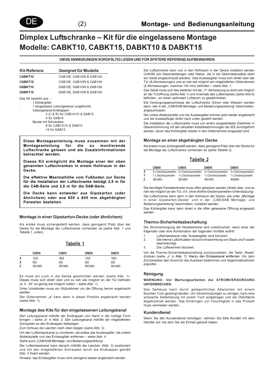 Montage- und bedienungsanleitung, Tabelle 1, Tabelle 2 | Dimplex DABKT15 User Manual | Page 6 / 12