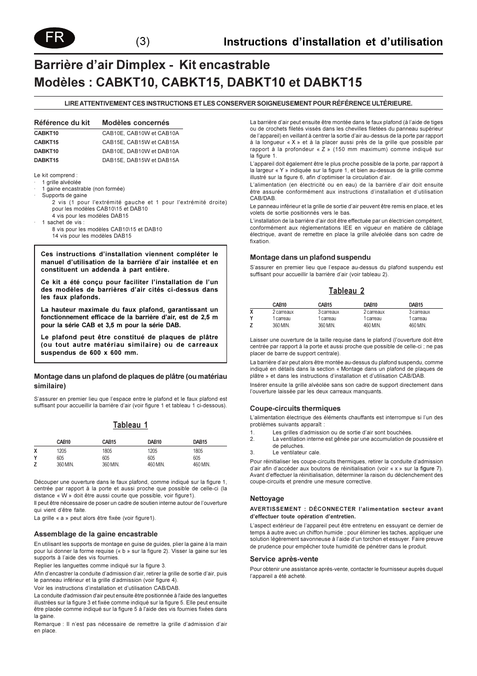 Instructions d’installation et d’utilisation, Tableau 1, Tableau 2 | Dimplex DABKT15 User Manual | Page 7 / 12