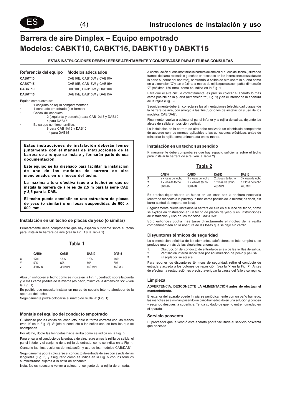 Instrucciones de instalación y uso, Tabla 1, Tabla 2 | Dimplex DABKT15 User Manual | Page 8 / 12