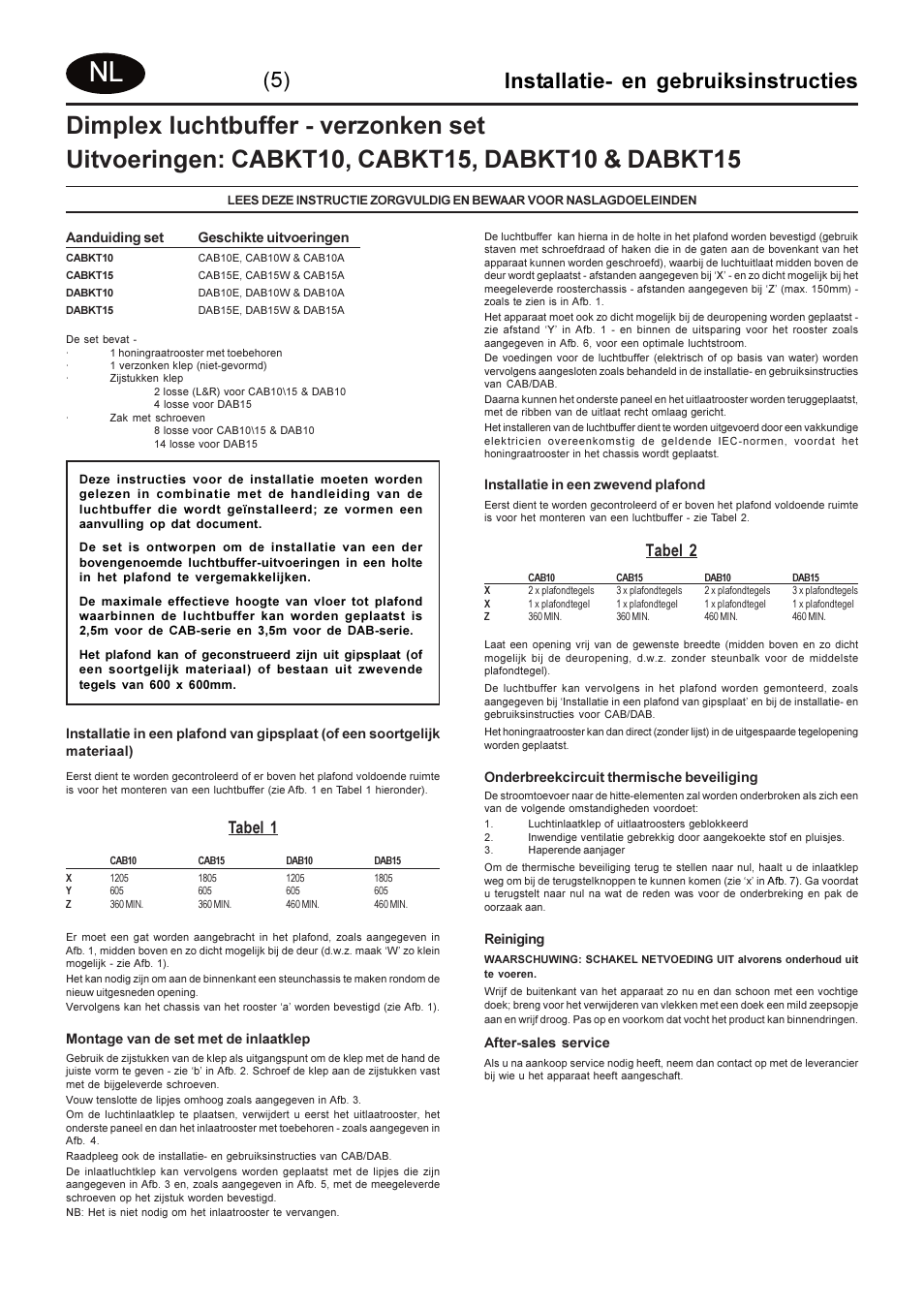 Installatie- en gebruiksinstructies, Tabel 1, Tabel 2 | Dimplex DABKT15 User Manual | Page 9 / 12