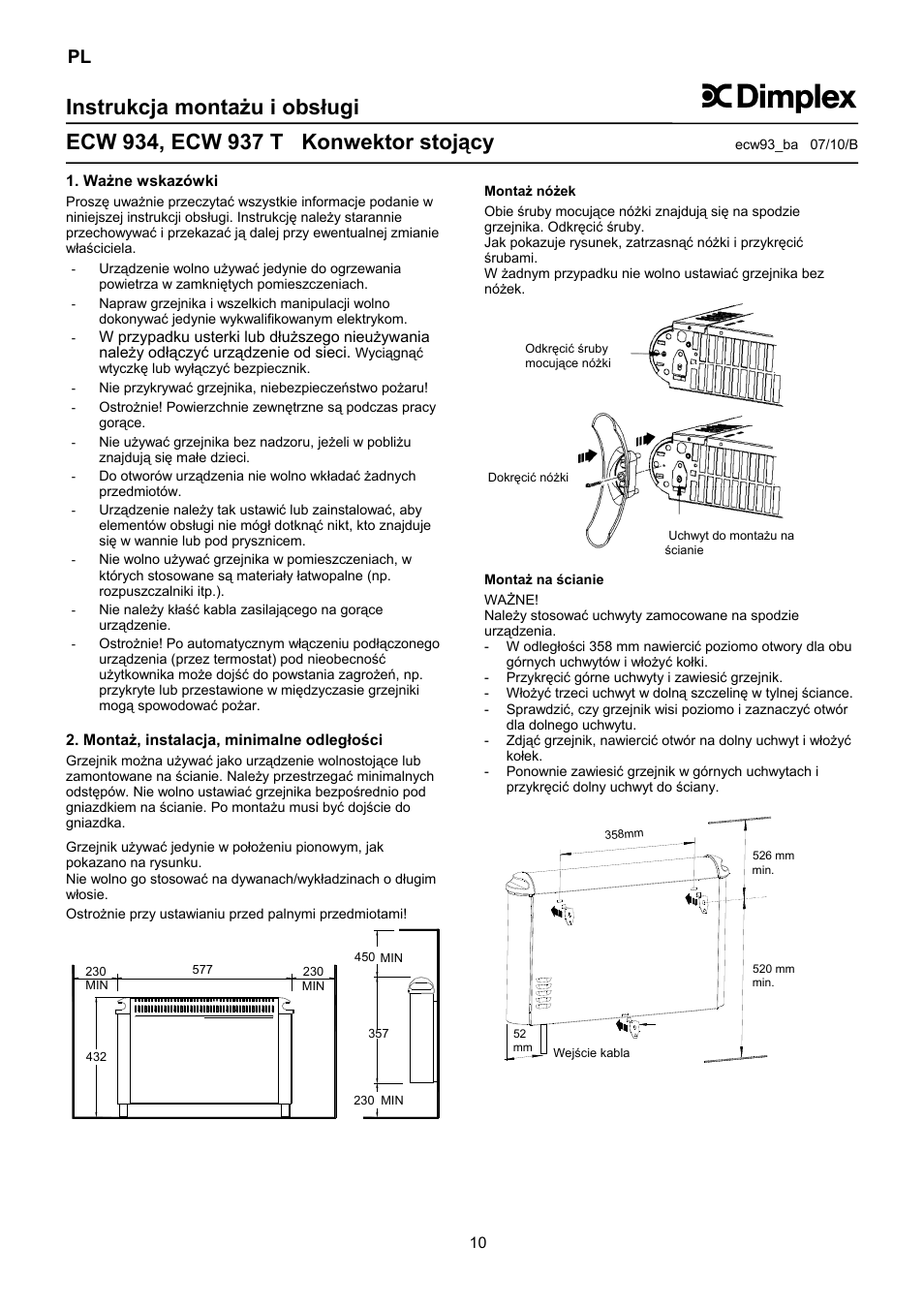 Instrukcja montażu i obsługi | Dimplex ECW 937 T User Manual | Page 10 / 20