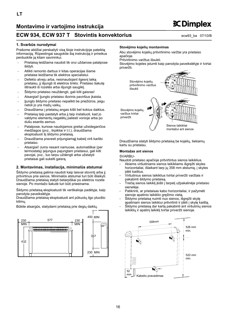 Montavimo ir vartojimo instrukcija | Dimplex ECW 937 T User Manual | Page 16 / 20