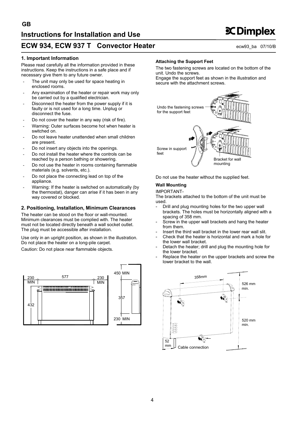 Instructions for installation and use | Dimplex ECW 937 T User Manual | Page 4 / 20