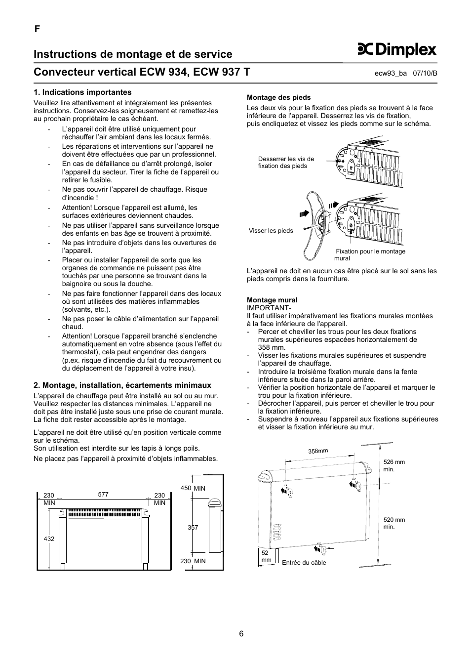 Instructions de montage et de service | Dimplex ECW 937 T User Manual | Page 6 / 20