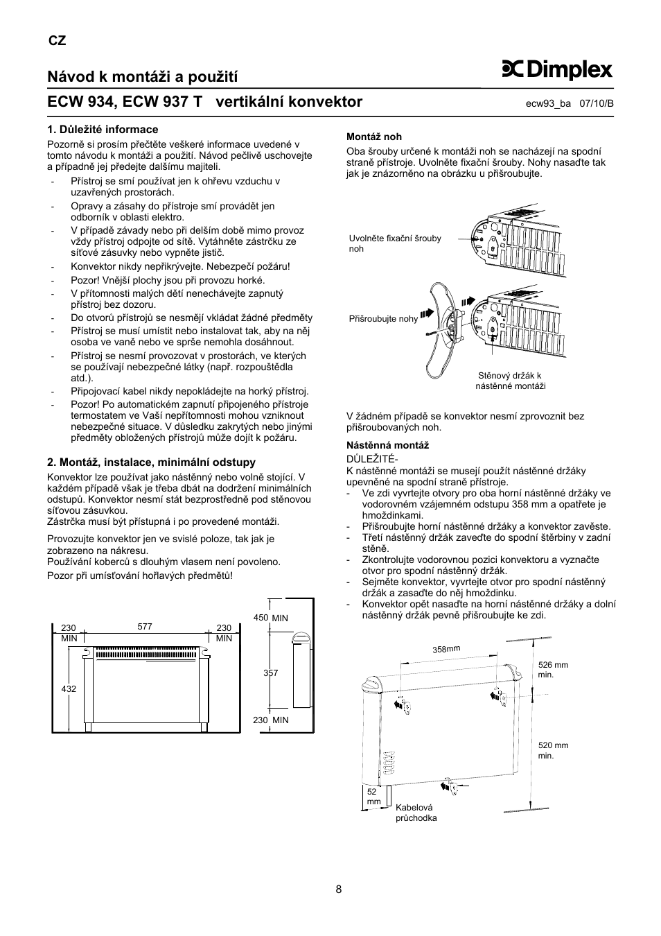 Návod k montáži a použití | Dimplex ECW 937 T User Manual | Page 8 / 20