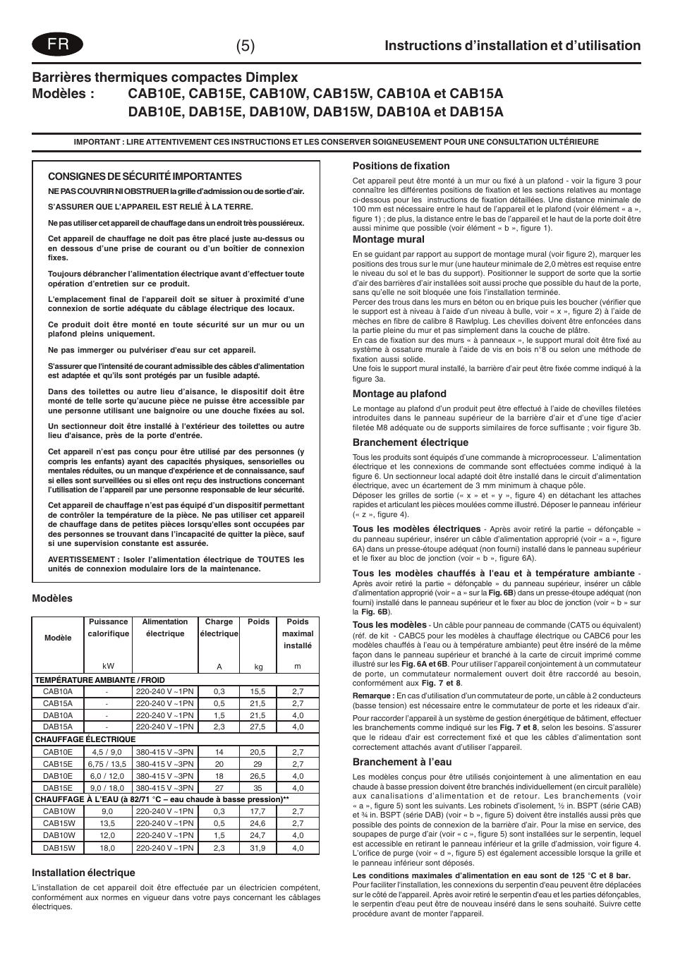 Instructions d’installation et d’utilisation | Dimplex DAB15W User Manual | Page 10 / 36