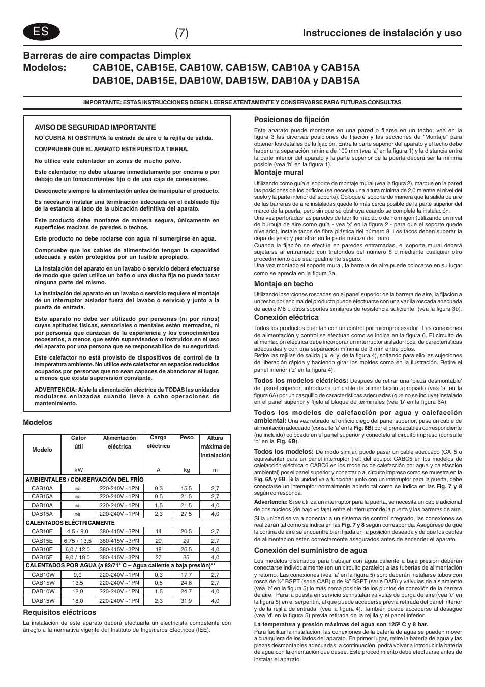 Instrucciones de instalación y uso | Dimplex DAB15W User Manual | Page 12 / 36