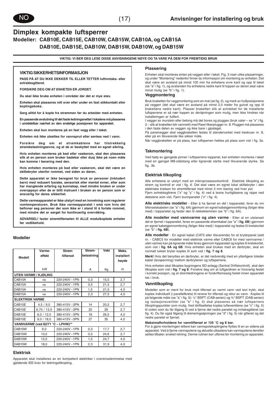 Dimplex kompakte luftsperrer, Anvisninger for installering og bruk | Dimplex DAB15W User Manual | Page 22 / 36