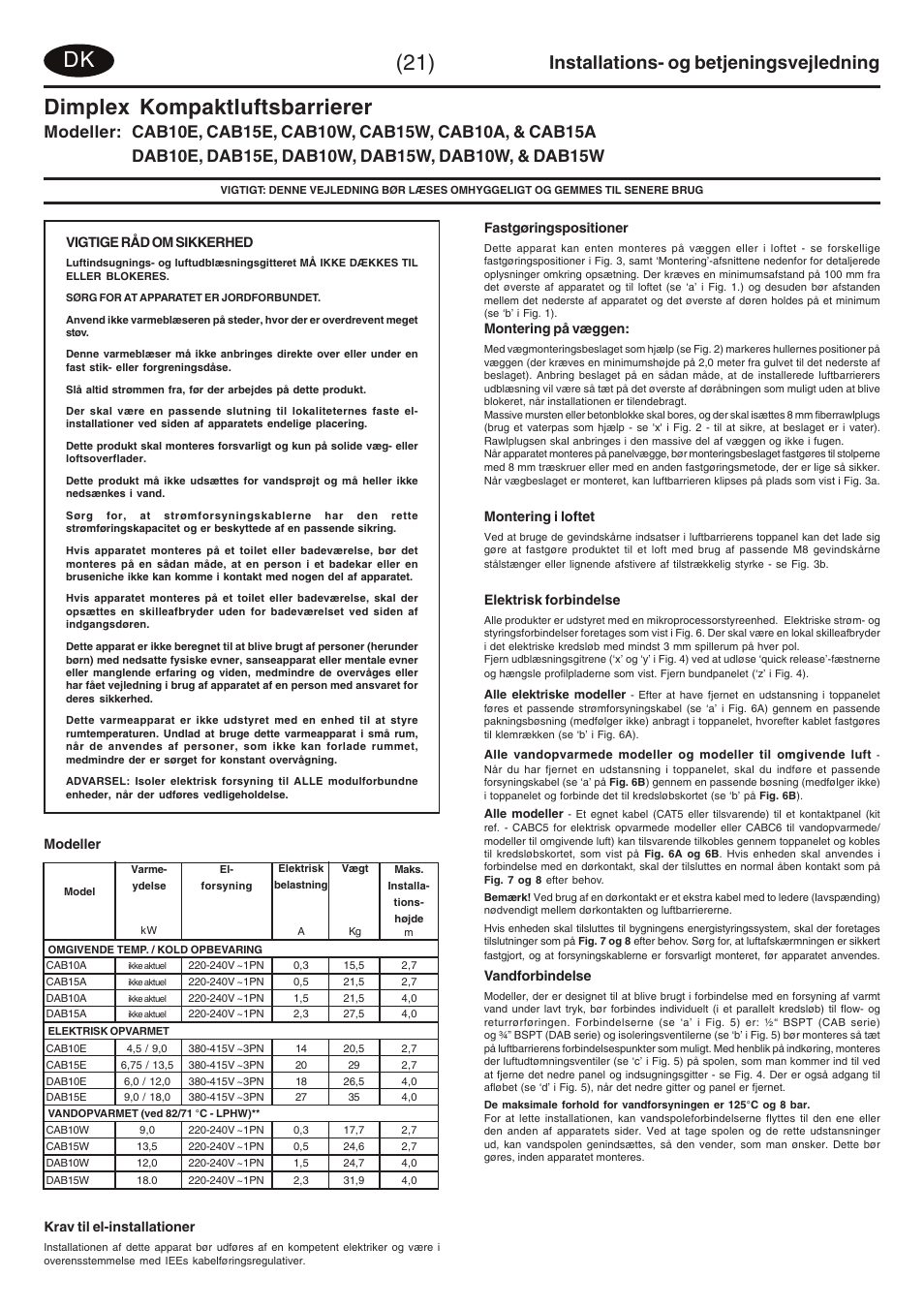 Dimplex kompaktluftsbarrierer, Installations- og betjeningsvejledning | Dimplex DAB15W User Manual | Page 26 / 36