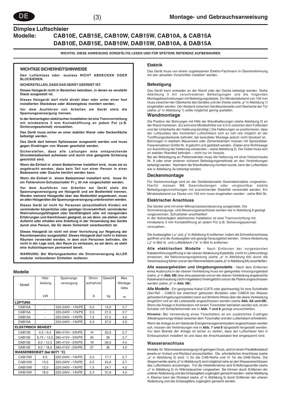 Montage- und gebrauchsanweisung, Wandmontage, Deckenmontage | Dimplex DAB15W User Manual | Page 8 / 36