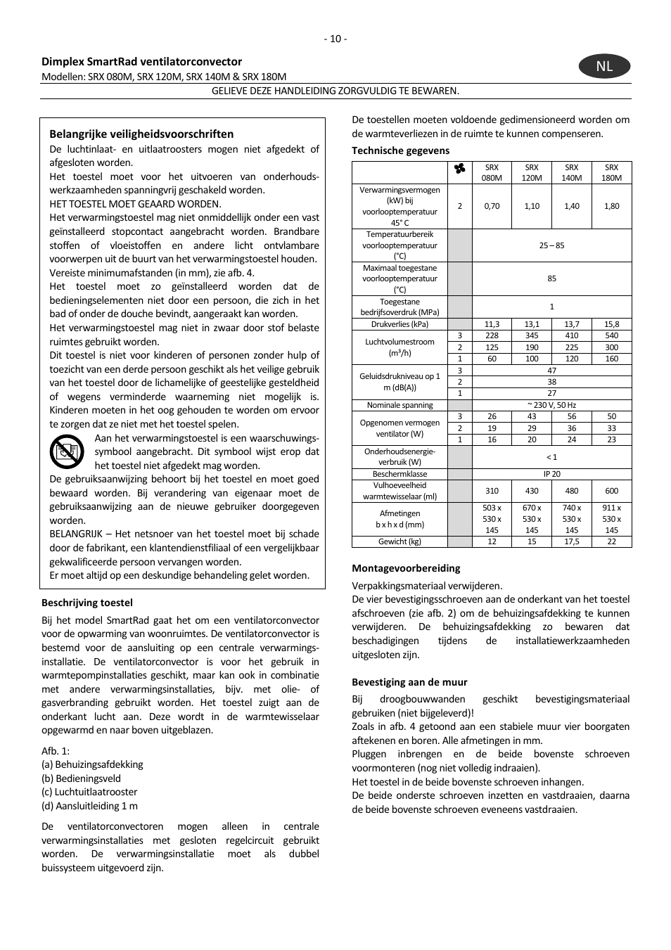 Dimplex smartrad ventilatorconvector, Belangrijke veiligheidsvoorschriften | Dimplex SRX 180M User Manual | Page 14 / 32