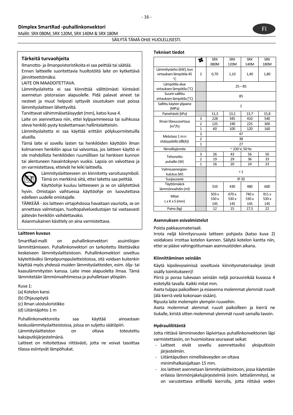 Dimplex smartrad -puhallinkonvektori, Tärkeitä turvaohjeita | Dimplex SRX 180M User Manual | Page 20 / 32