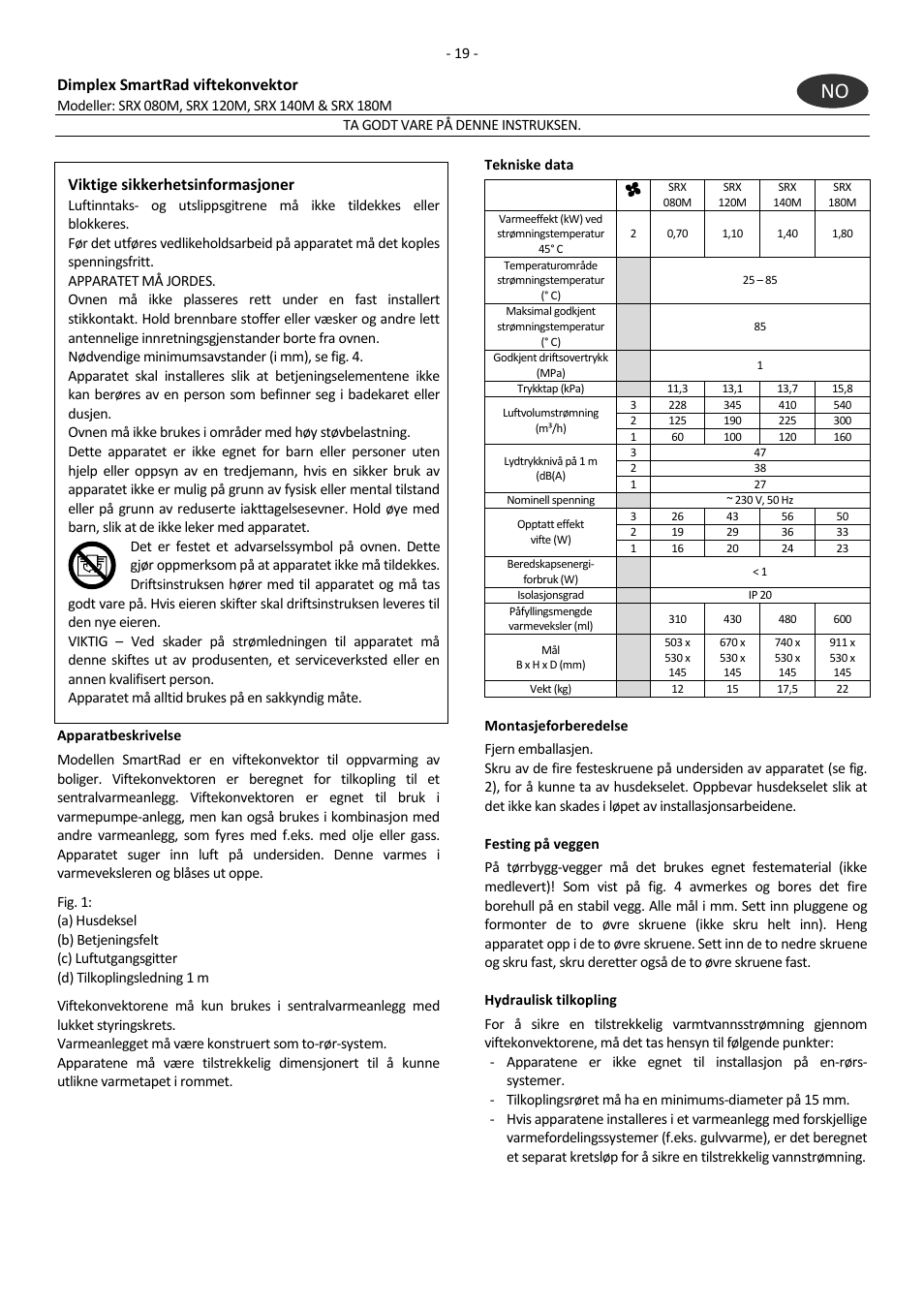 Dimplex smartrad viftekonvektor, Viktige sikkerhetsinformasjoner | Dimplex SRX 180M User Manual | Page 23 / 32