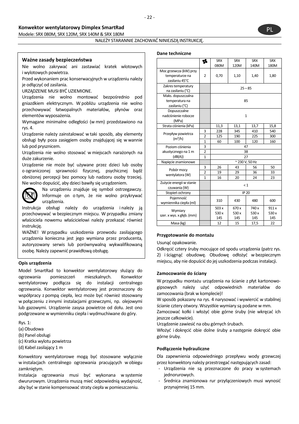 Konwektor wentylatorowy dimplex smartrad, Ważne zasady bezpieczeństwa | Dimplex SRX 180M User Manual | Page 26 / 32