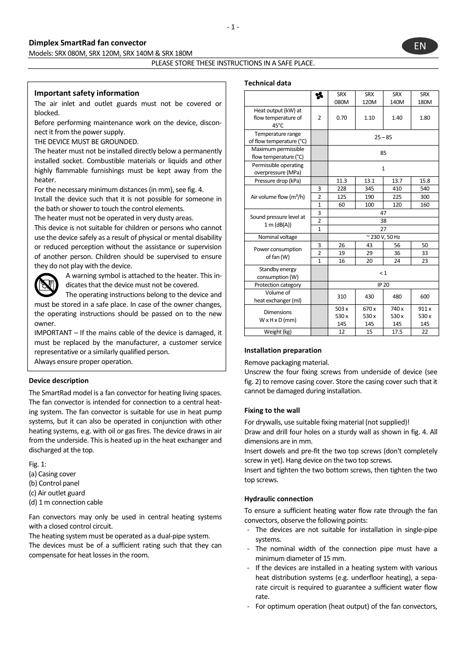 Dimplex smartrad fan convector, Important safety information | Dimplex SRX 180M User Manual | Page 5 / 32