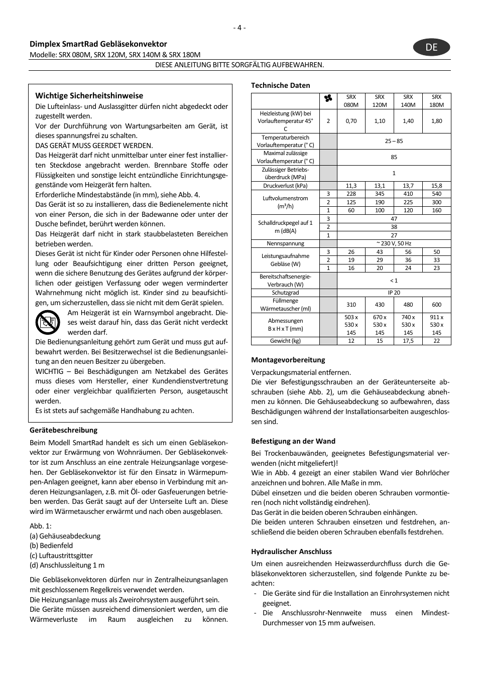 Dimplex smartrad gebläsekonvektor, Wichtige sicherheitshinweise | Dimplex SRX 180M User Manual | Page 8 / 32