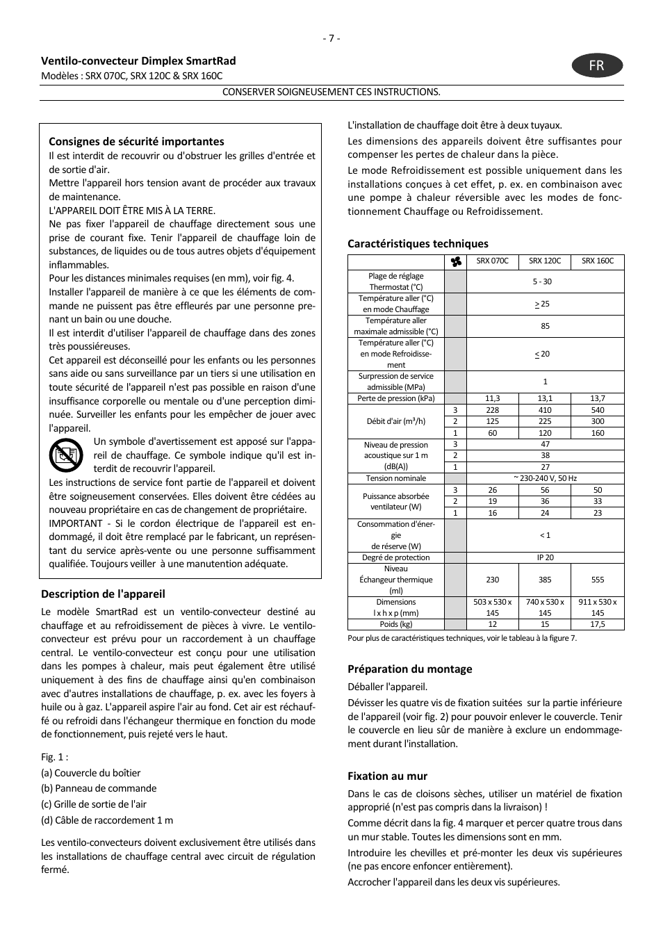 Ventilo-convecteur dimplex smartrad, Consignes de sécurité importantes, Description de l'appareil | Caractéristiques techniques, Préparation du montage, Fixation au mur | Dimplex SRX 160C User Manual | Page 11 / 36