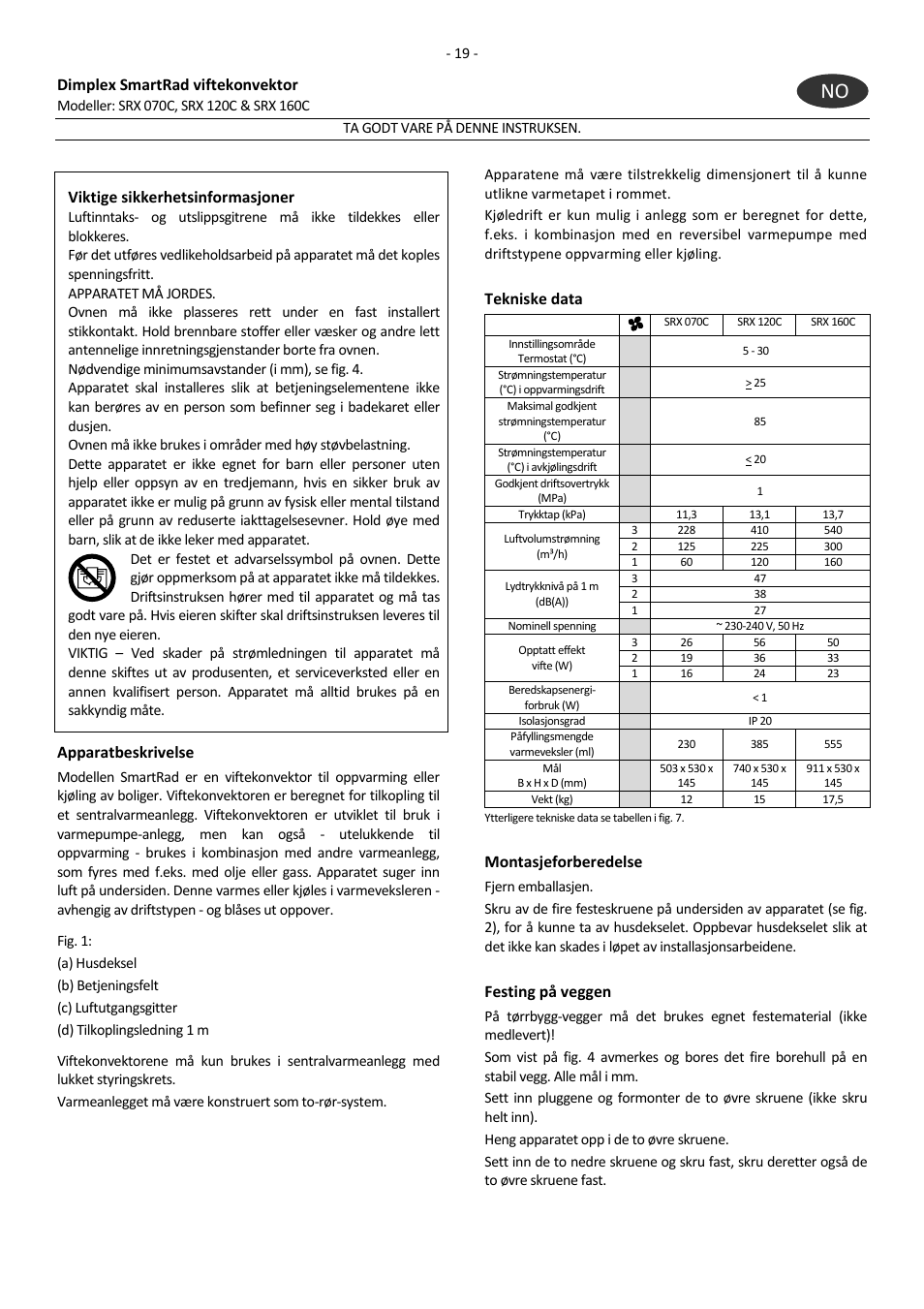 Dimplex smartrad viftekonvektor, Viktige sikkerhetsinformasjoner, Apparatbeskrivelse | Tekniske data, Montasjeforberedelse, Festing på veggen | Dimplex SRX 160C User Manual | Page 23 / 36