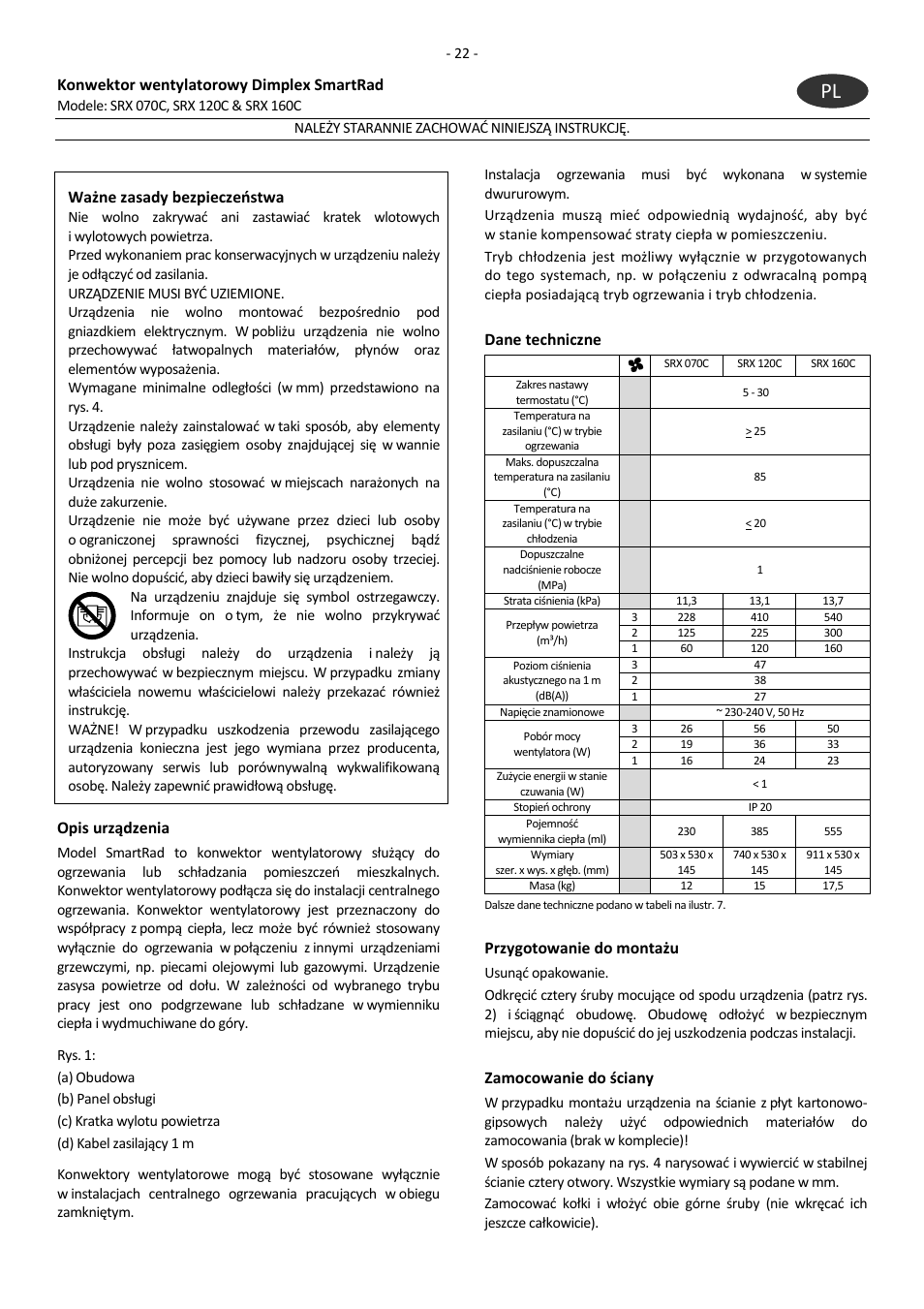 Konwektor wentylatorowy dimplex smartrad, Ważne zasady bezpieczeństwa, Opis urządzenia | Dane techniczne, Przygotowanie do montażu, Zamocowanie do ściany | Dimplex SRX 160C User Manual | Page 26 / 36