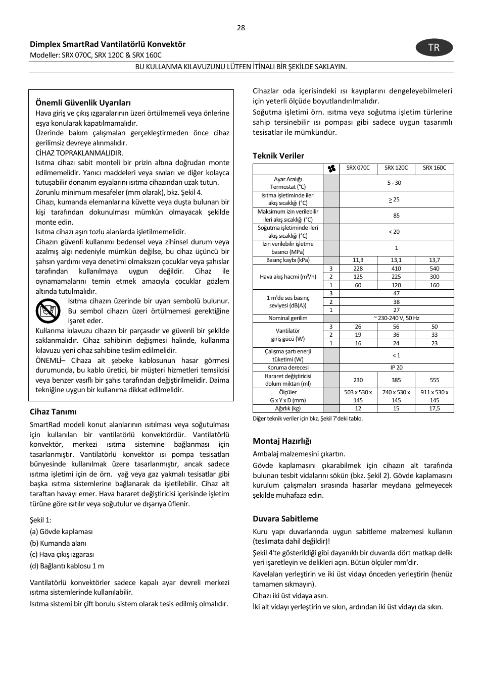 Dimplex smartrad vantilatörlü konvektör, Önemli güvenlik uyarıları, Cihaz tanımı | Teknik veriler, Montaj hazırlığı, Duvara sabitleme | Dimplex SRX 160C User Manual | Page 32 / 36