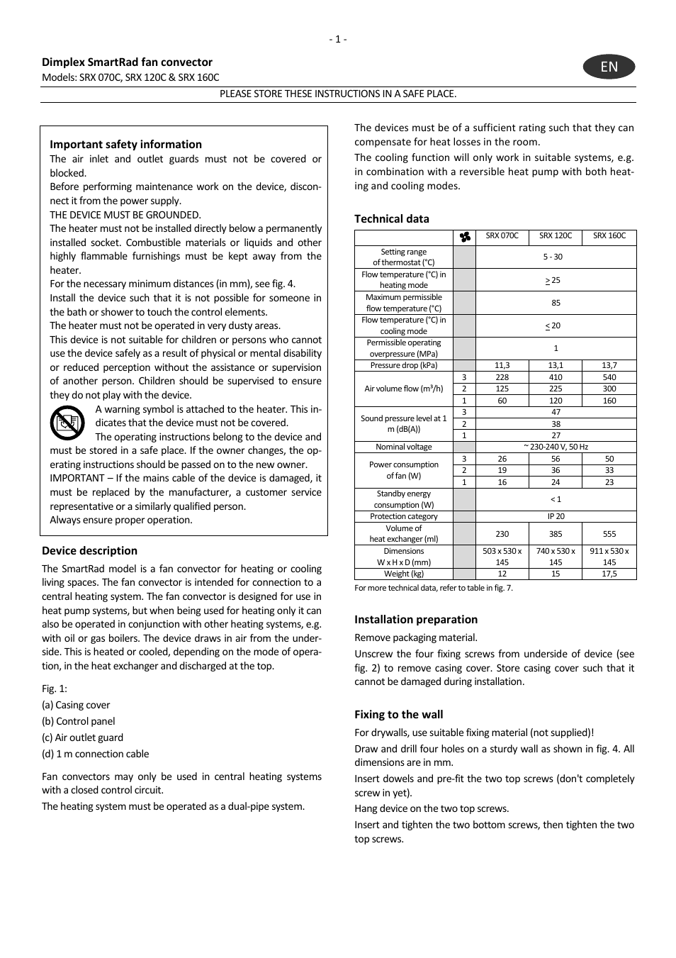 Dimplex smartrad fan convector, Important safety information, Device description | Technical data, Installation preparation, Fixing to the wall | Dimplex SRX 160C User Manual | Page 5 / 36