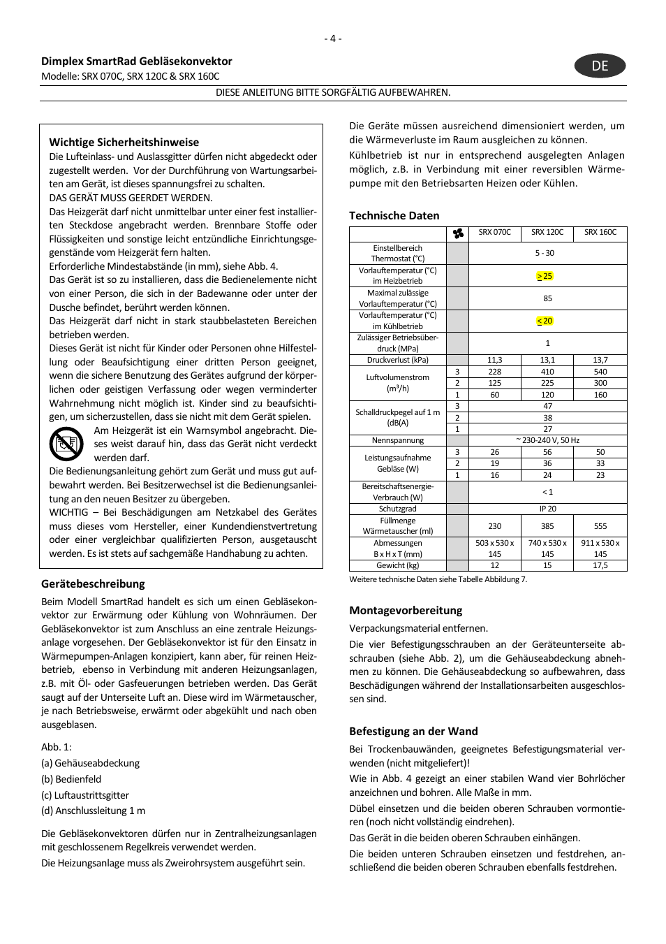 Dimplex smartrad gebläsekonvektor, Wichtige sicherheitshinweise, Gerätebeschreibung | Technische daten, Montagevorbereitung, Befestigung an der wand | Dimplex SRX 160C User Manual | Page 8 / 36