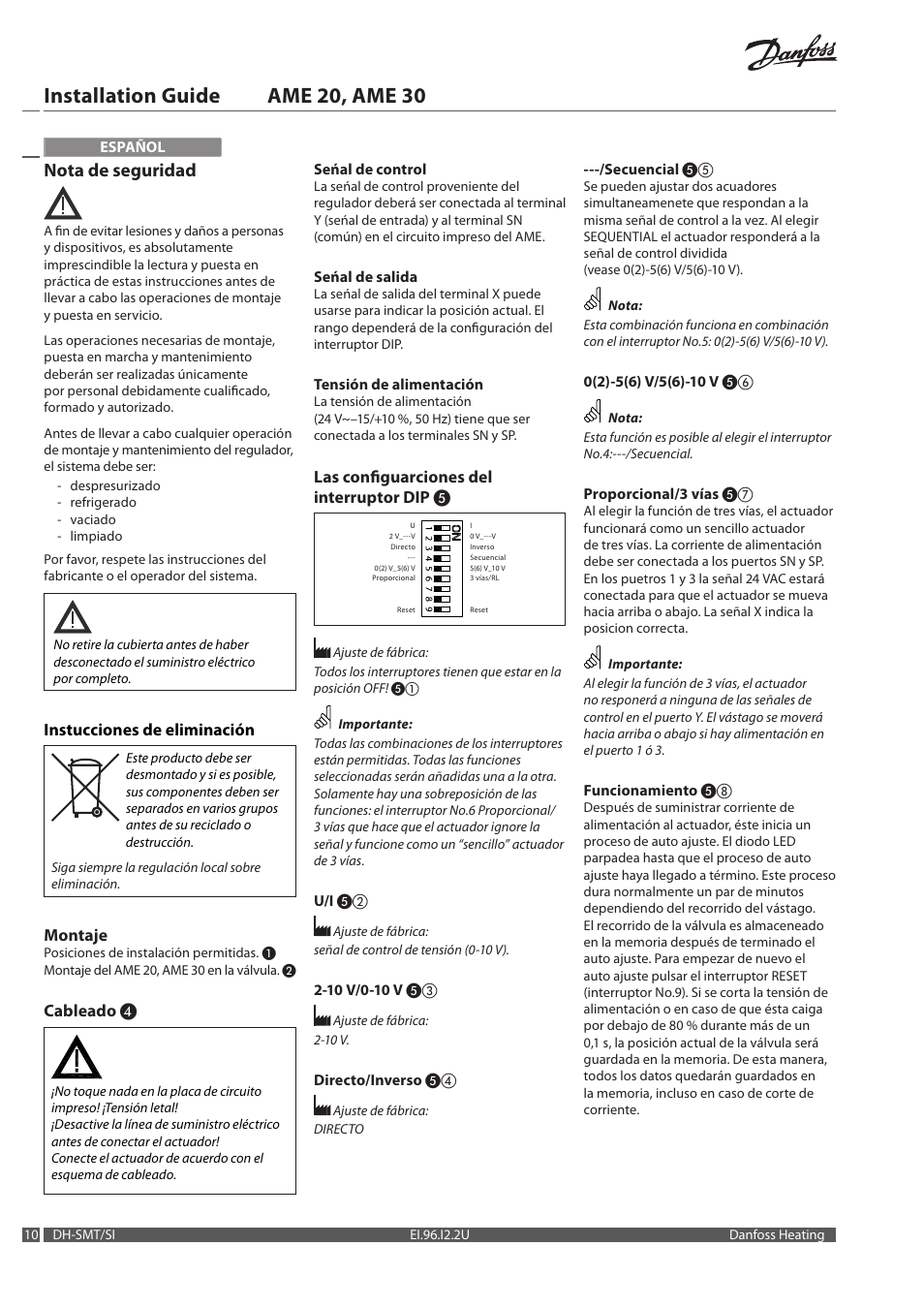 Installation guide ame 20, ame 30, Nota de seguridad | Danfoss AME 30 User Manual | Page 10 / 24